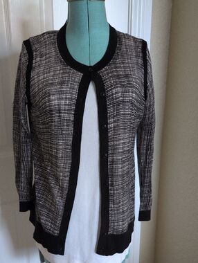 LOFT Black and Creamy Gray Textured Button-Front Cardigan